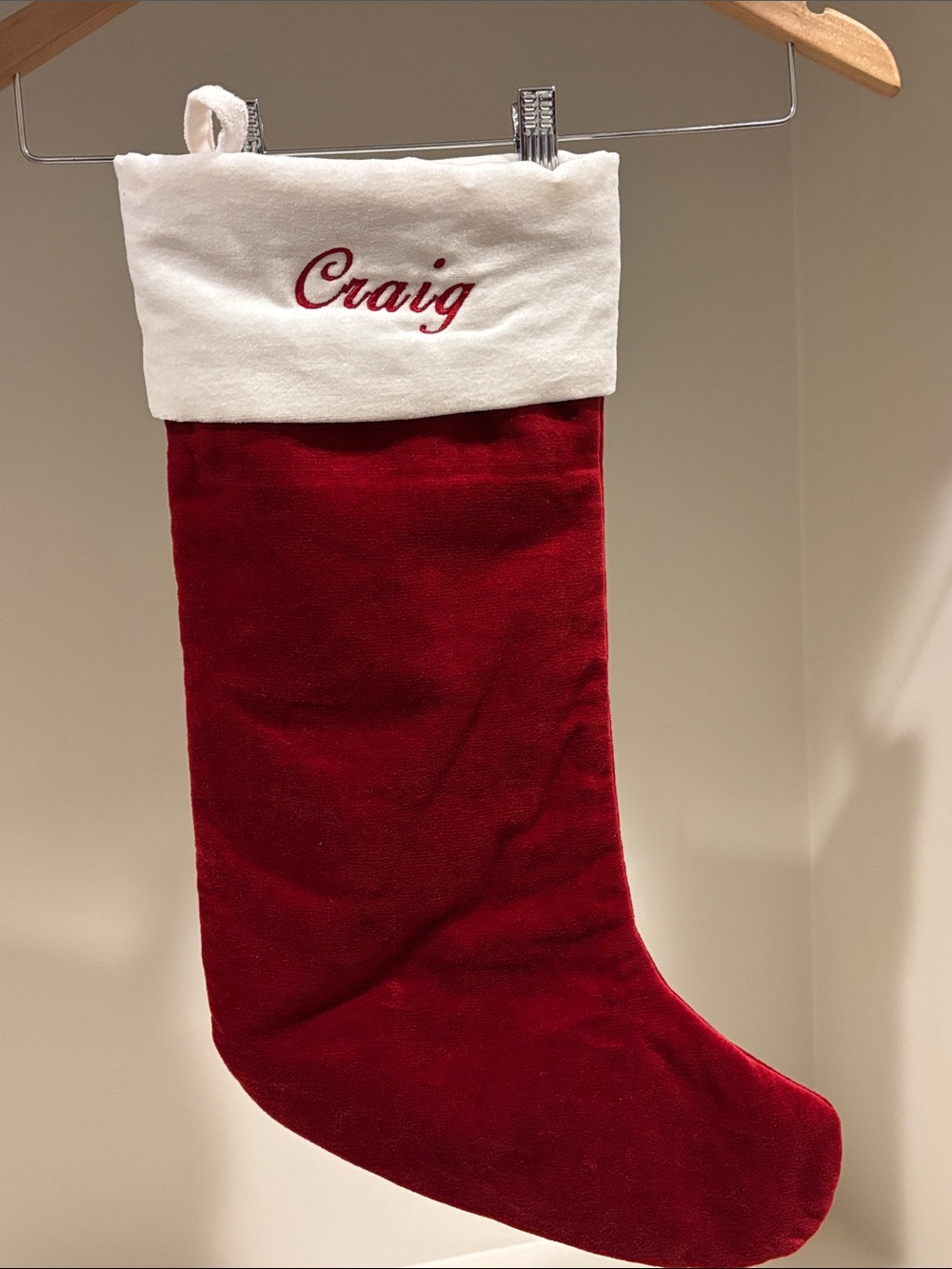 Pottery Barn Red Velvet Christmas Stocking with White Cuff - “Craig”